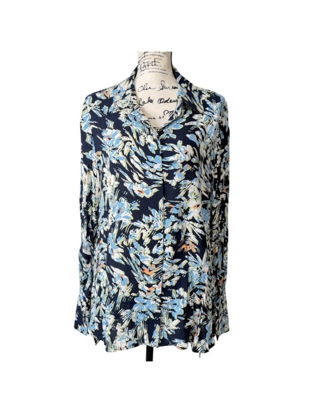 Reiss Womens Size 10 Laura Floral Print Shirt Navy Button-Up Long Sleeves USA - Picture 2 of 8
